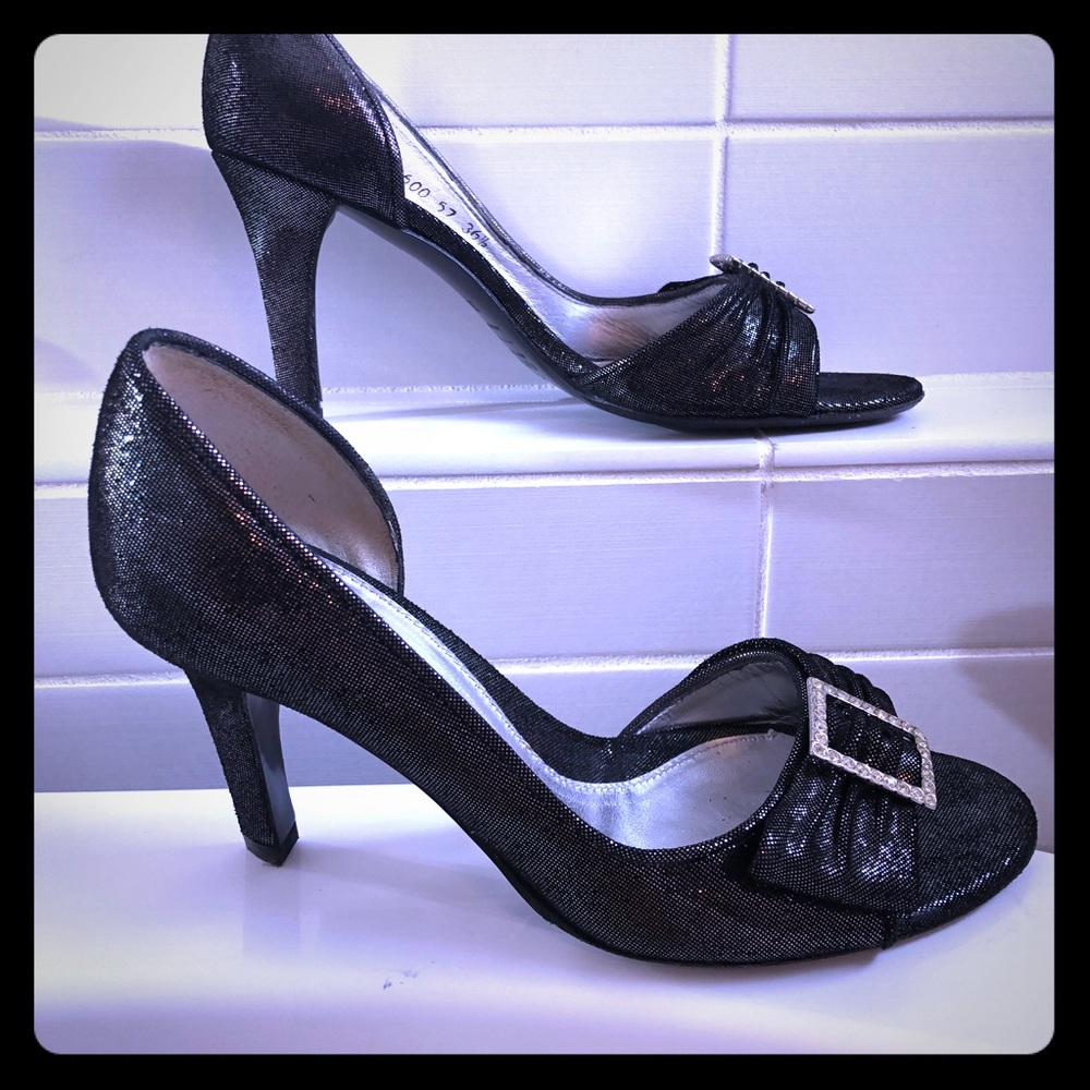 Rafe New York holiday glam peep toe heels with crystal buckle